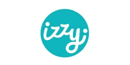 Logo with izzy with in handwritten font on a blue circle